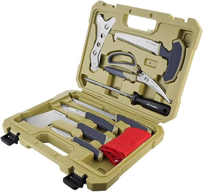 FLISSA Hunting Field Dressing Kit, 10 Piece Hunting Knife Set with Skinning Knife, Butcher Game Processing Kit with Portable Storage Case for Deer, Meat Processing, Fishing, Camping, Survival - Image 1